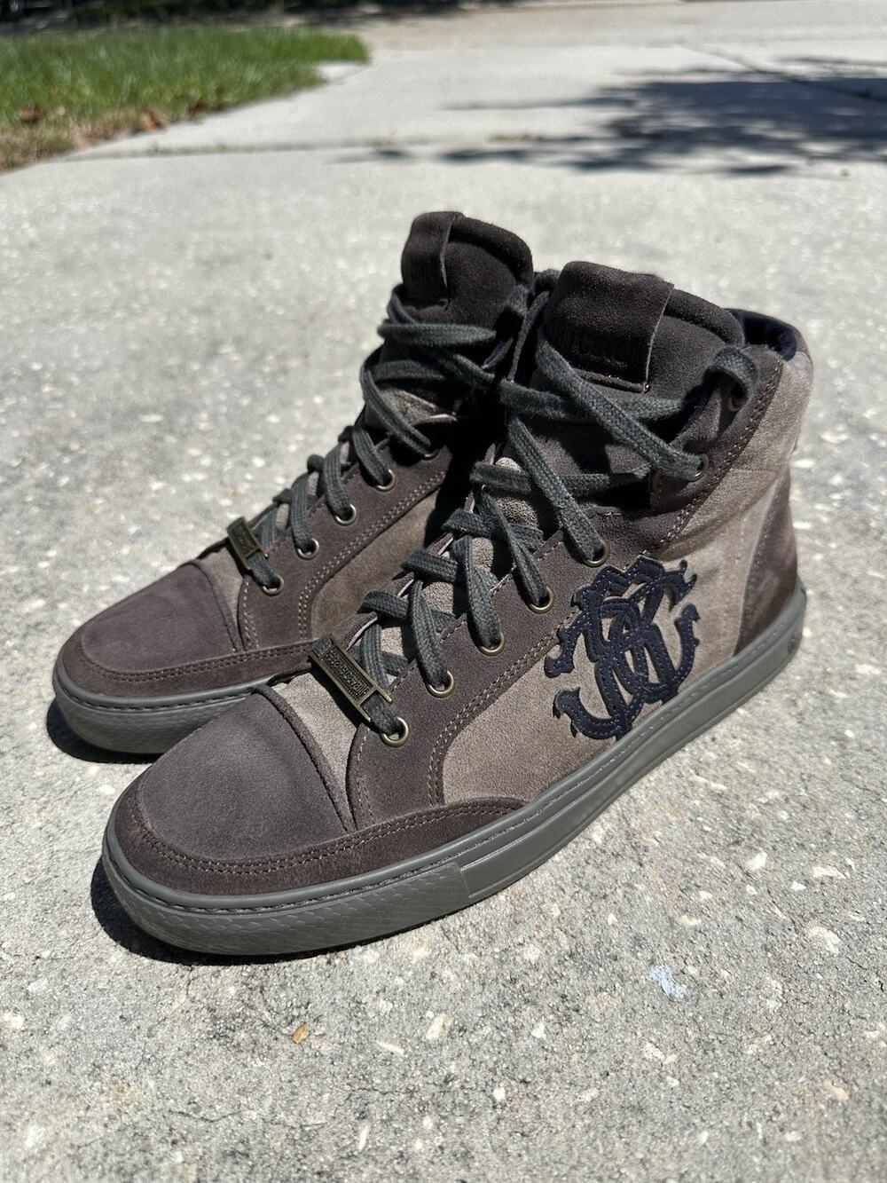 Roberto Cavalli Suede High Top Sneakers Black/Brown Lace Up Mens EU41.5 US 8.5